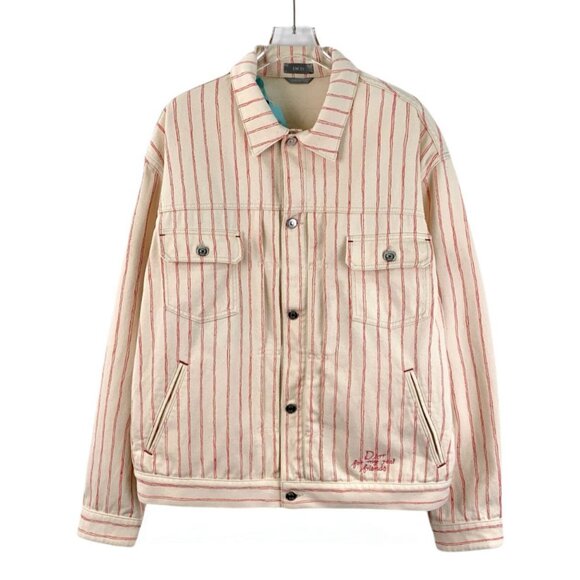 DIOR Mens Cream & Red Striped Cotton Denim Jacket Made In Italy Size 52 - Picture 1 of 7